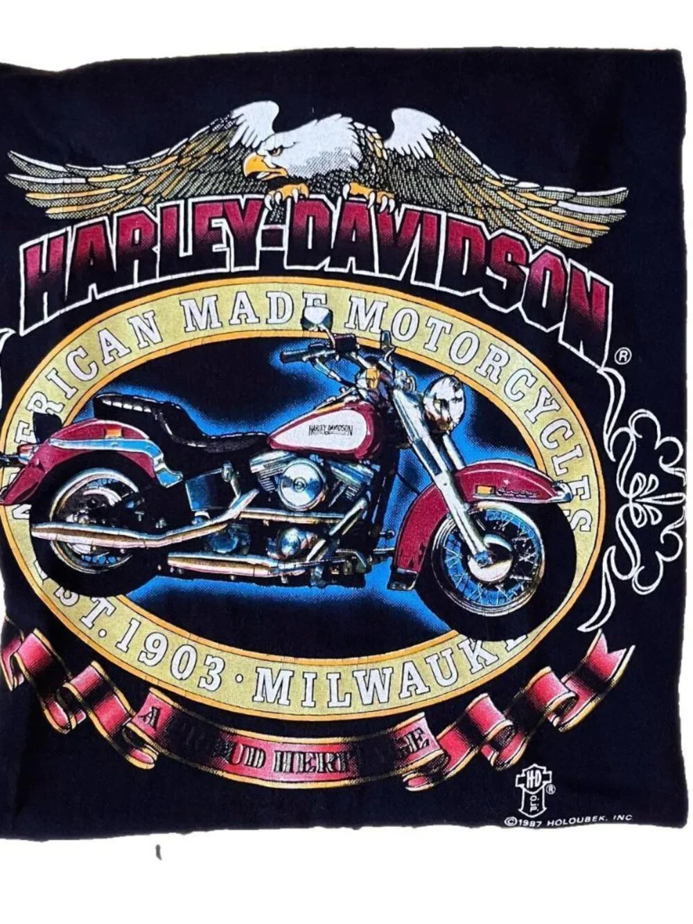Classic 1987 Harley tee with bold front graphic. Tagged a Large – fits true to v
